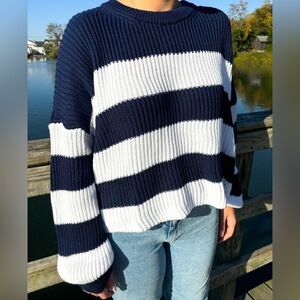 Hausen Lilah Chunky Knit Navy White Striped Nautical Sweater S Small